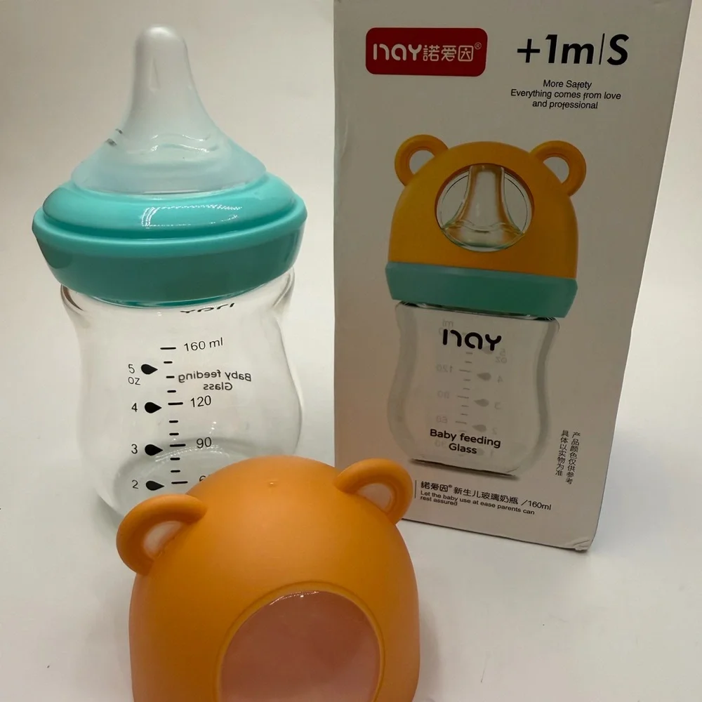 Glass Baby Bottle INAY- Cute Bear Head Design - 160ml - +1 Month Size S Nipple